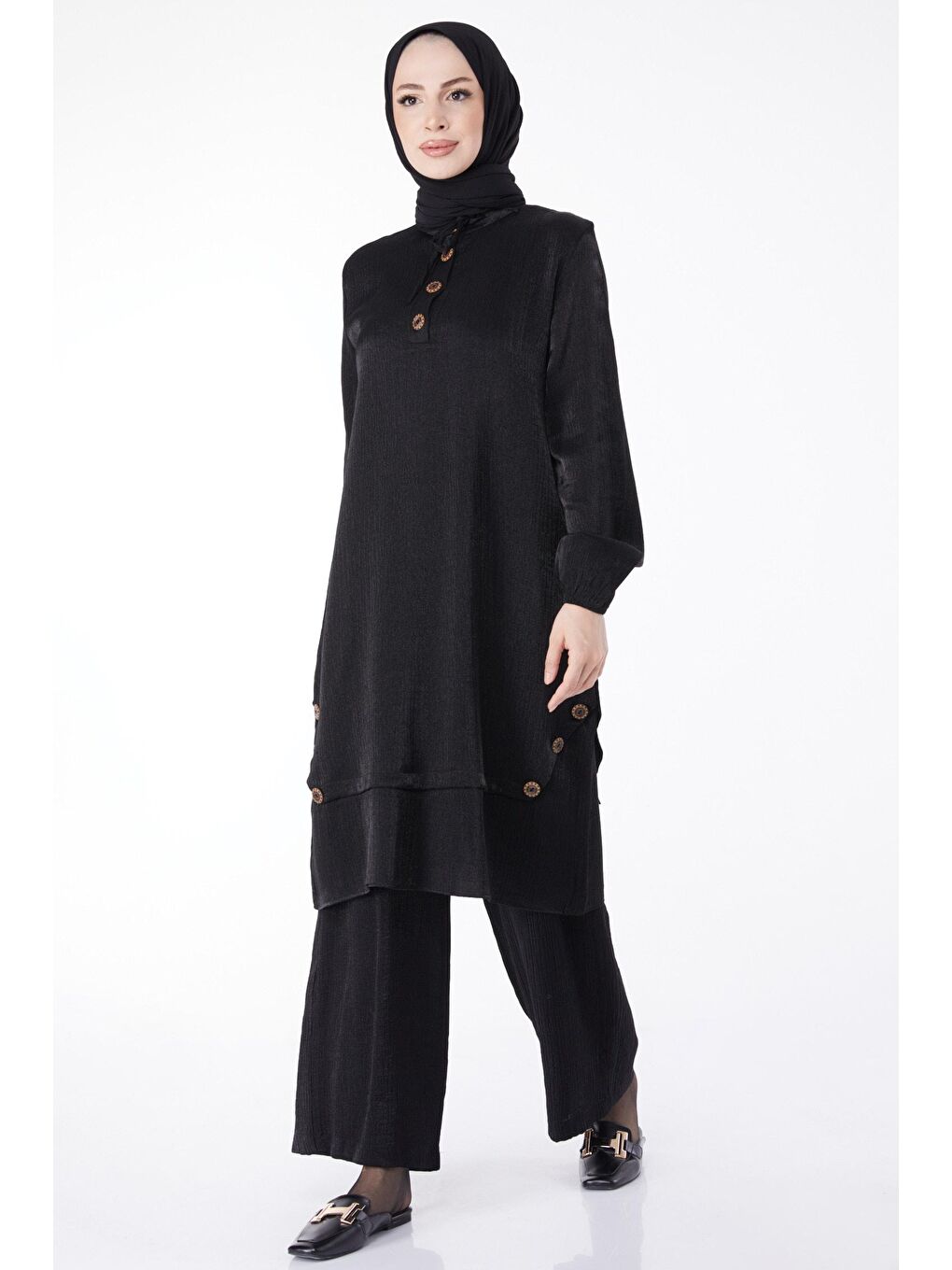 Hakim Yaka Kadın Siyah Düğme Detaylı İkili Takım - 25122