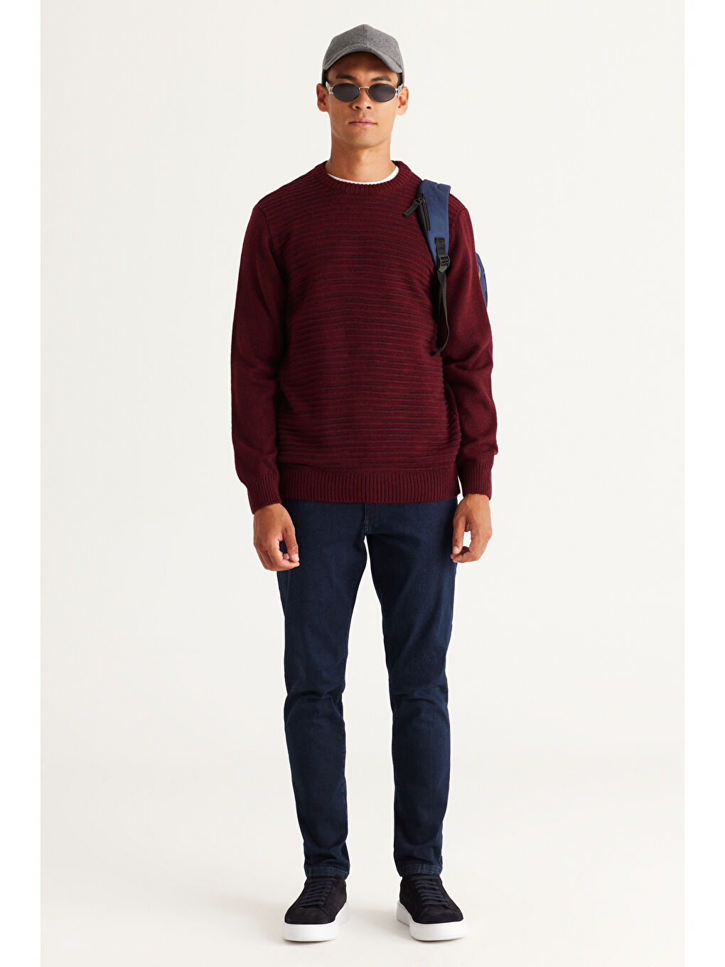 Erkek Bordo-Siyah Standart Fit Normal Kesim Bisiklet Yaka Desenli Triko Kazak-4