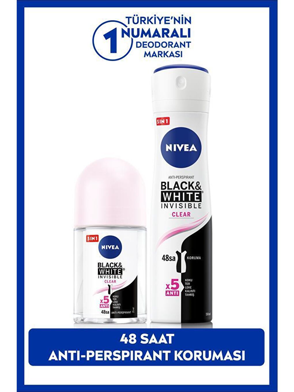 NIVEA Şeffaf Kadın Sprey Deodorant Black&White Clear 150ml ve Mini Roll-on Black&White Clear