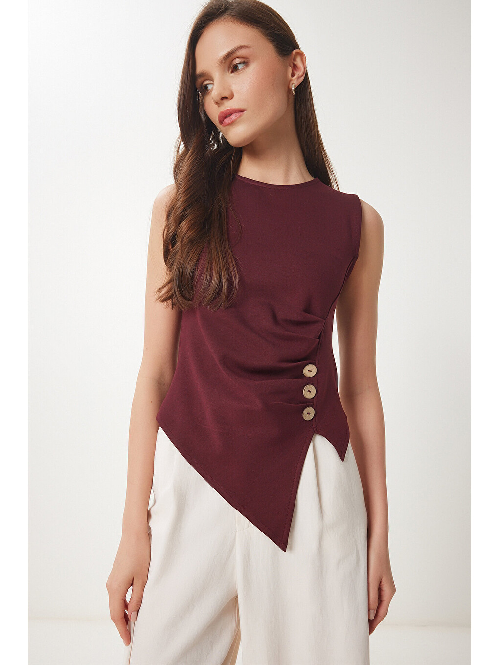 Bordo Düğmeli Büzgülü Asimetrik Kesim Örme Bluz BORDO LFW0006