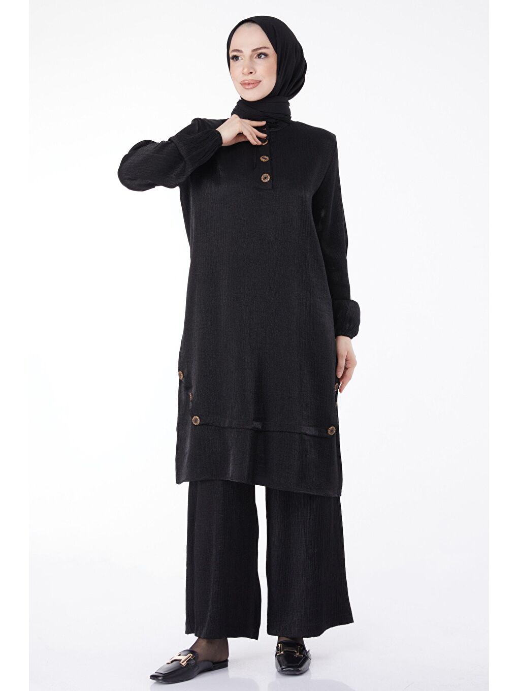 Hakim Yaka Kadın Siyah Düğme Detaylı İkili Takım - 25122-1
