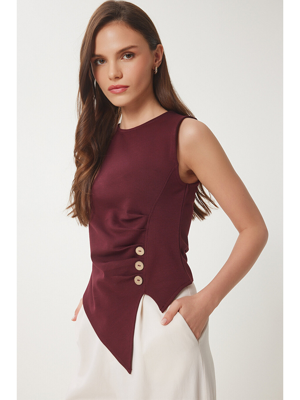Bordo Düğmeli Büzgülü Asimetrik Kesim Örme Bluz BORDO LFW0006-1