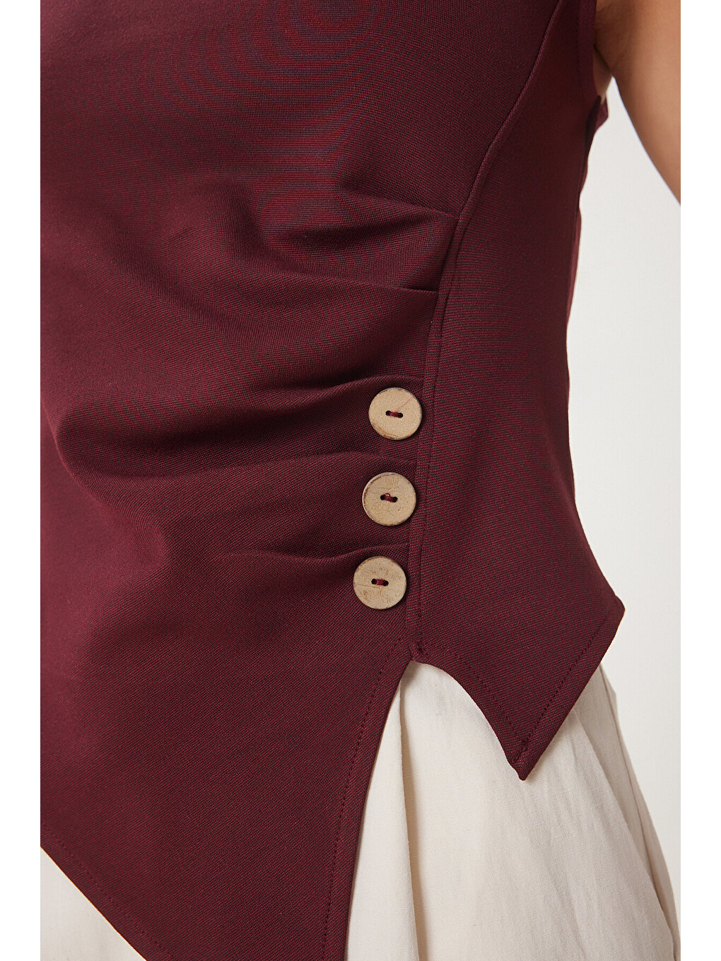 Bordo Düğmeli Büzgülü Asimetrik Kesim Örme Bluz BORDO LFW0006-2