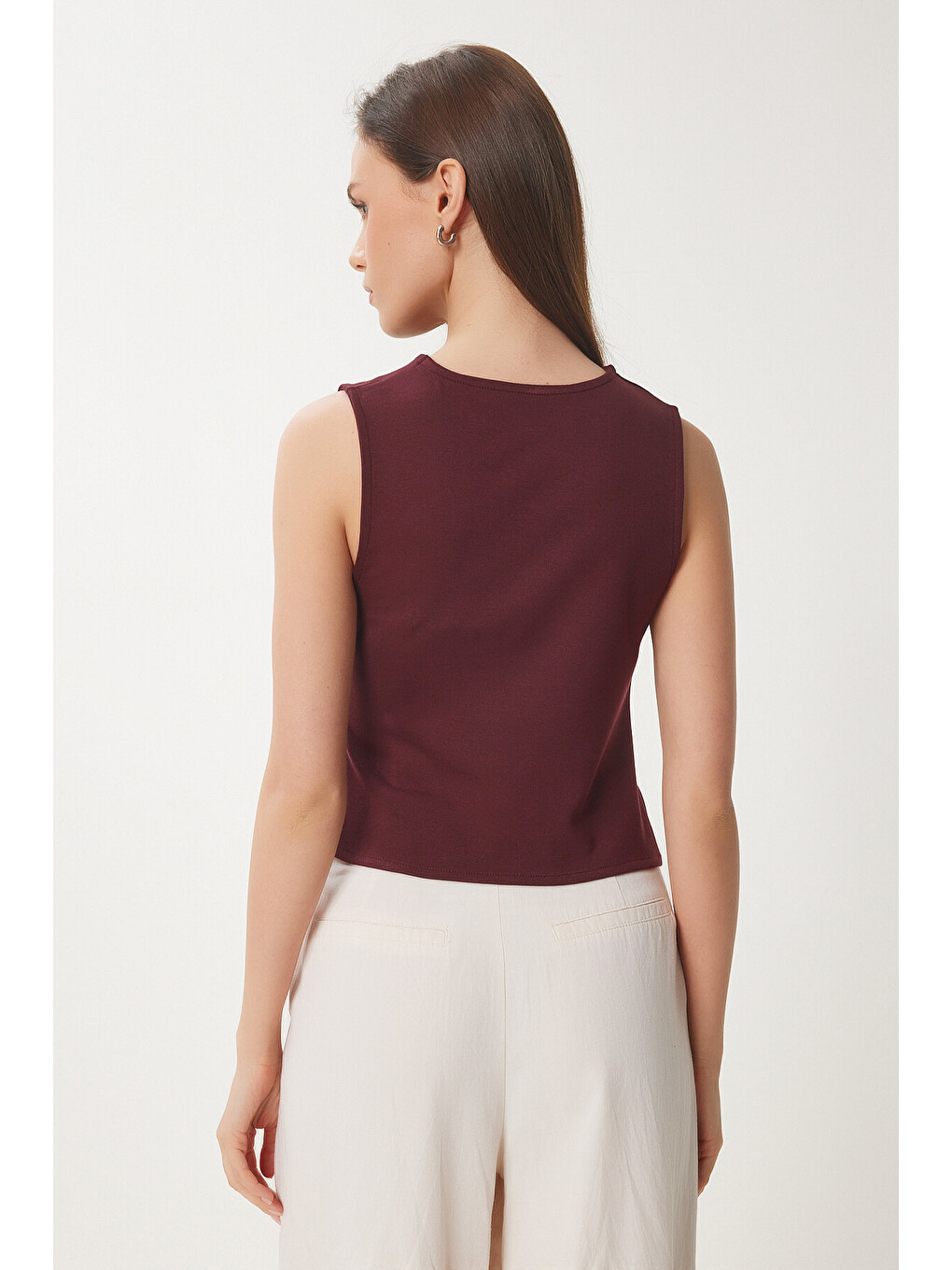 Bordo Düğmeli Büzgülü Asimetrik Kesim Örme Bluz BORDO LFW0006-3