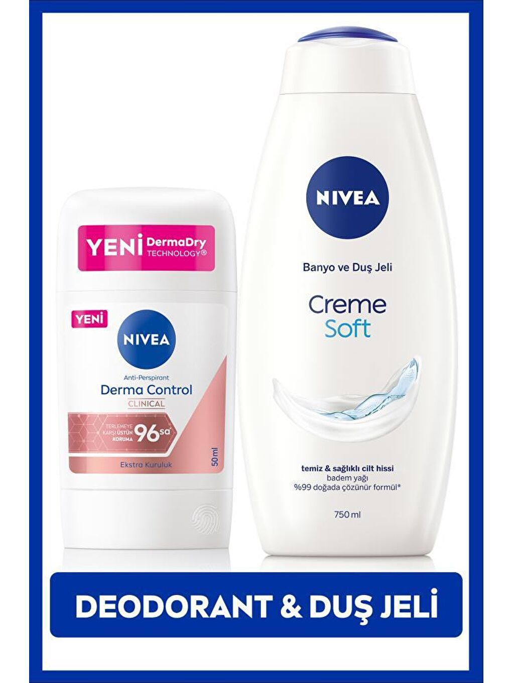 NIVEA Şeffaf Kadın Stick Deodorant Derma Control Clinical 50ml ve Creme Care Nemlendirici Duş Jeli 750ml