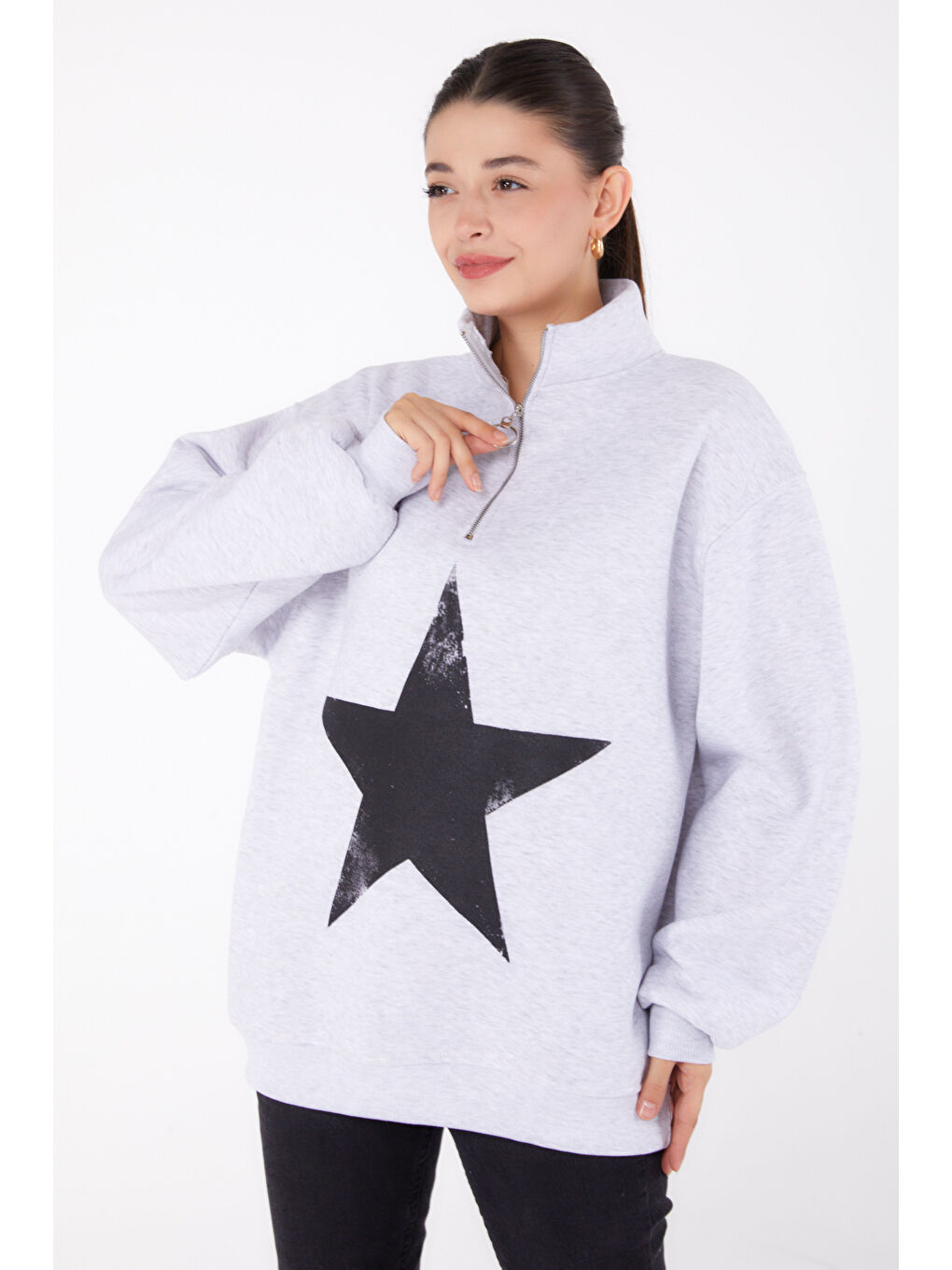 TOFİSA Düz Yarım Balıkçı Yaka Kadın Gri Fermuarlı Baskılı Sweatshirt - 26385 - 1