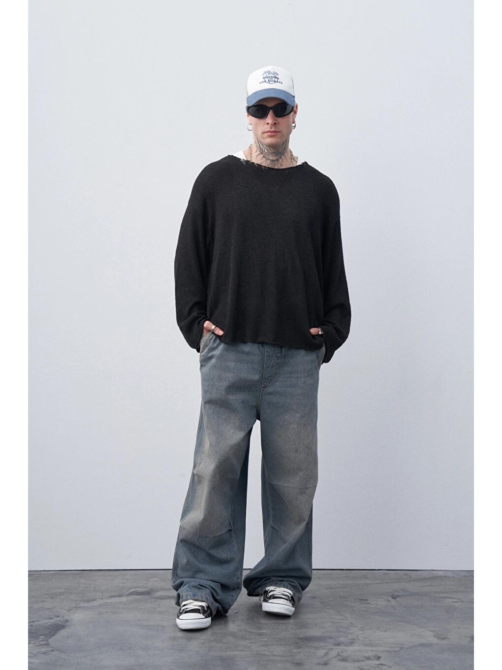 Mavi Yıkamalı Bel ve Paça Lastikli Baggy Jean-1