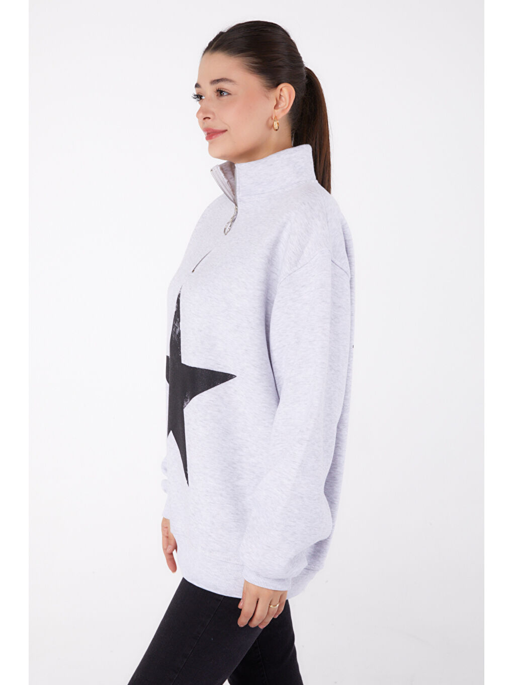 TOFİSA Düz Yarım Balıkçı Yaka Kadın Gri Fermuarlı Baskılı Sweatshirt - 26385 - 3