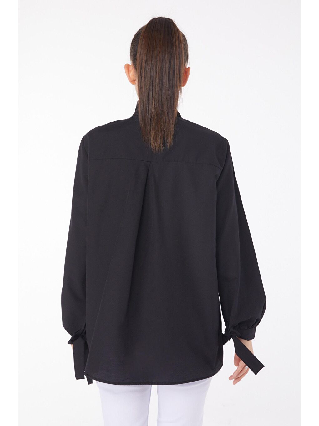 Gömlek Yaka Kadın Siyah Kolları Bağcıklı Gömlek - 25885-3