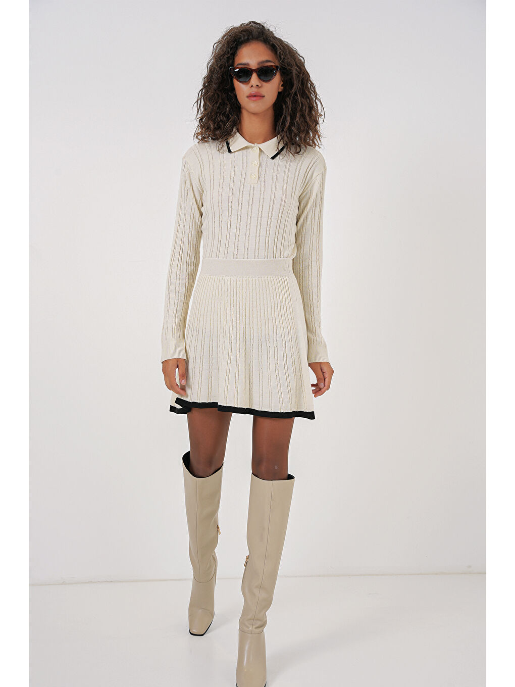 Ekru 15907 Kadın Polo Yaka Kazak Etek Triko İkili Takım - Krem-1