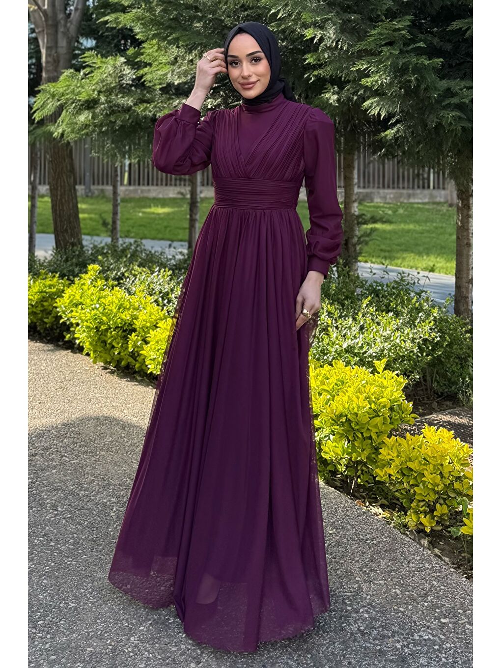 Mürdüm Kadın Piliseli Bel Kuşak Detaylı Tüllü Tesettür Abiye-1