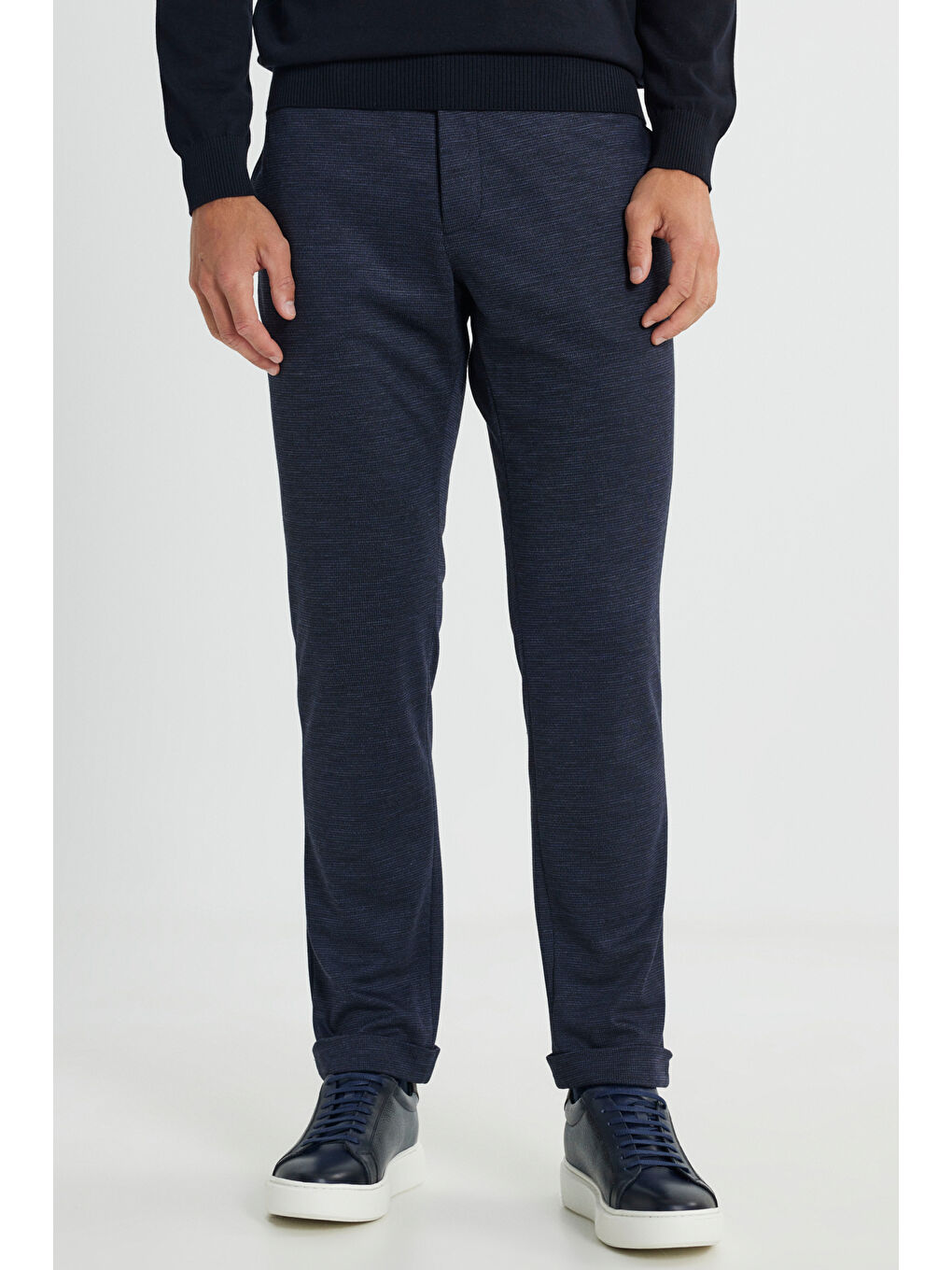 Erkek Lacivert Yünlü Slim Fit Dar Kesim Desenli Yan Cep Pantolon-1