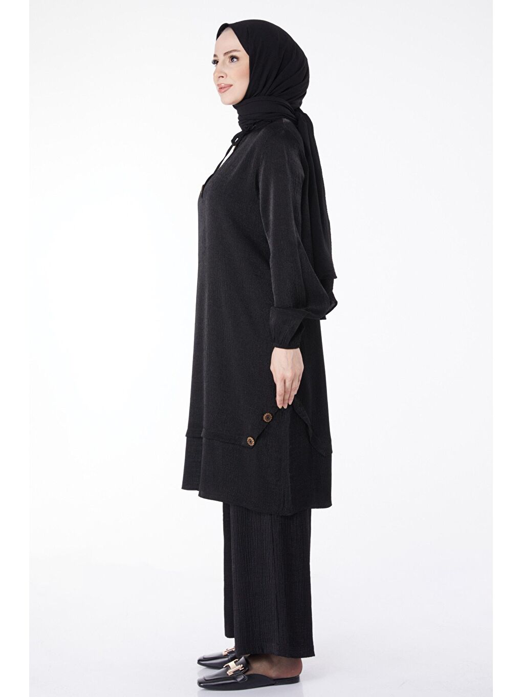 Hakim Yaka Kadın Siyah Düğme Detaylı İkili Takım - 25122-3