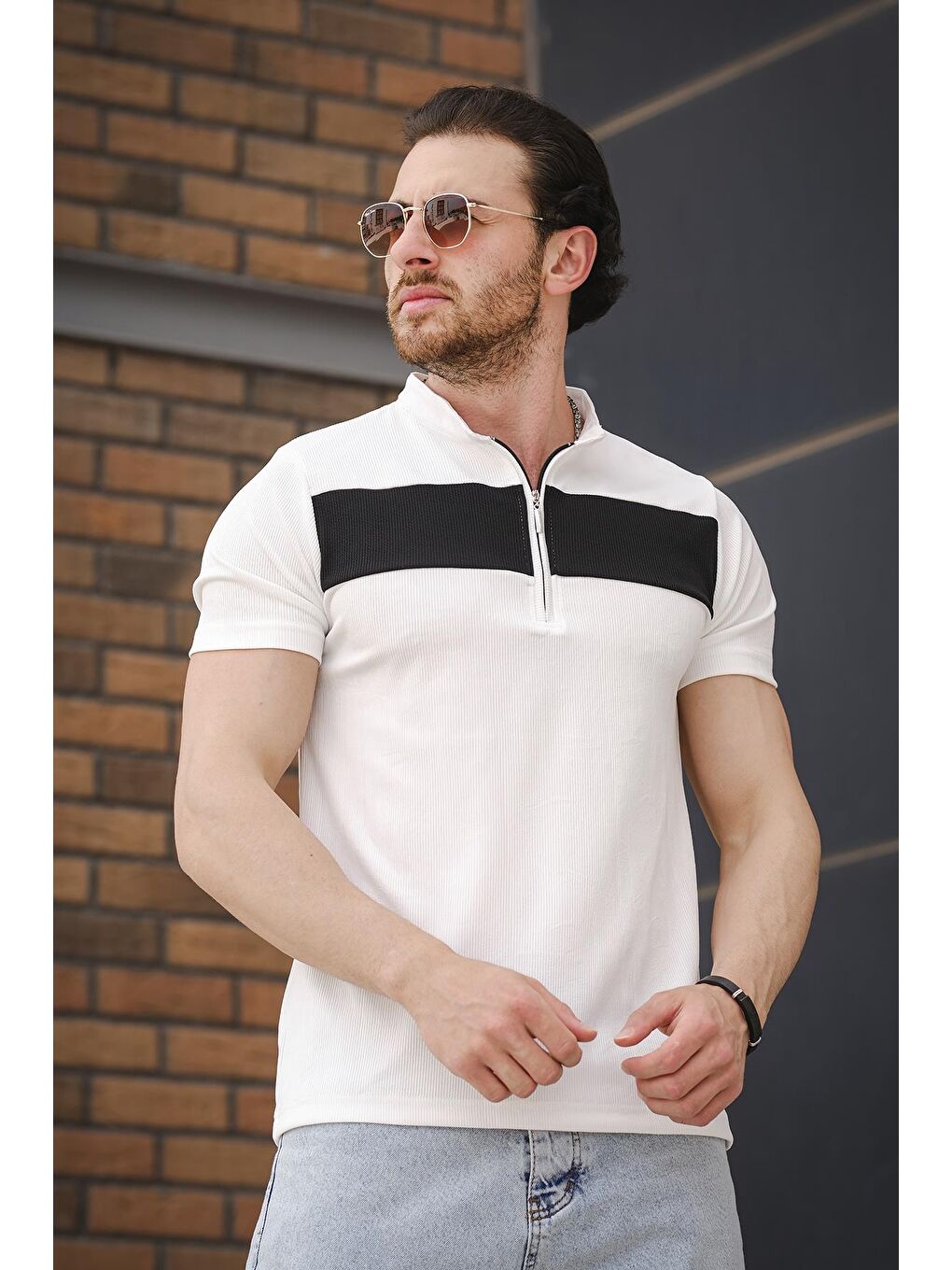 Beyaz Ht Eja Hakim Yaka Parçalı Yarım Fermuarlı Erkek Tişört-2