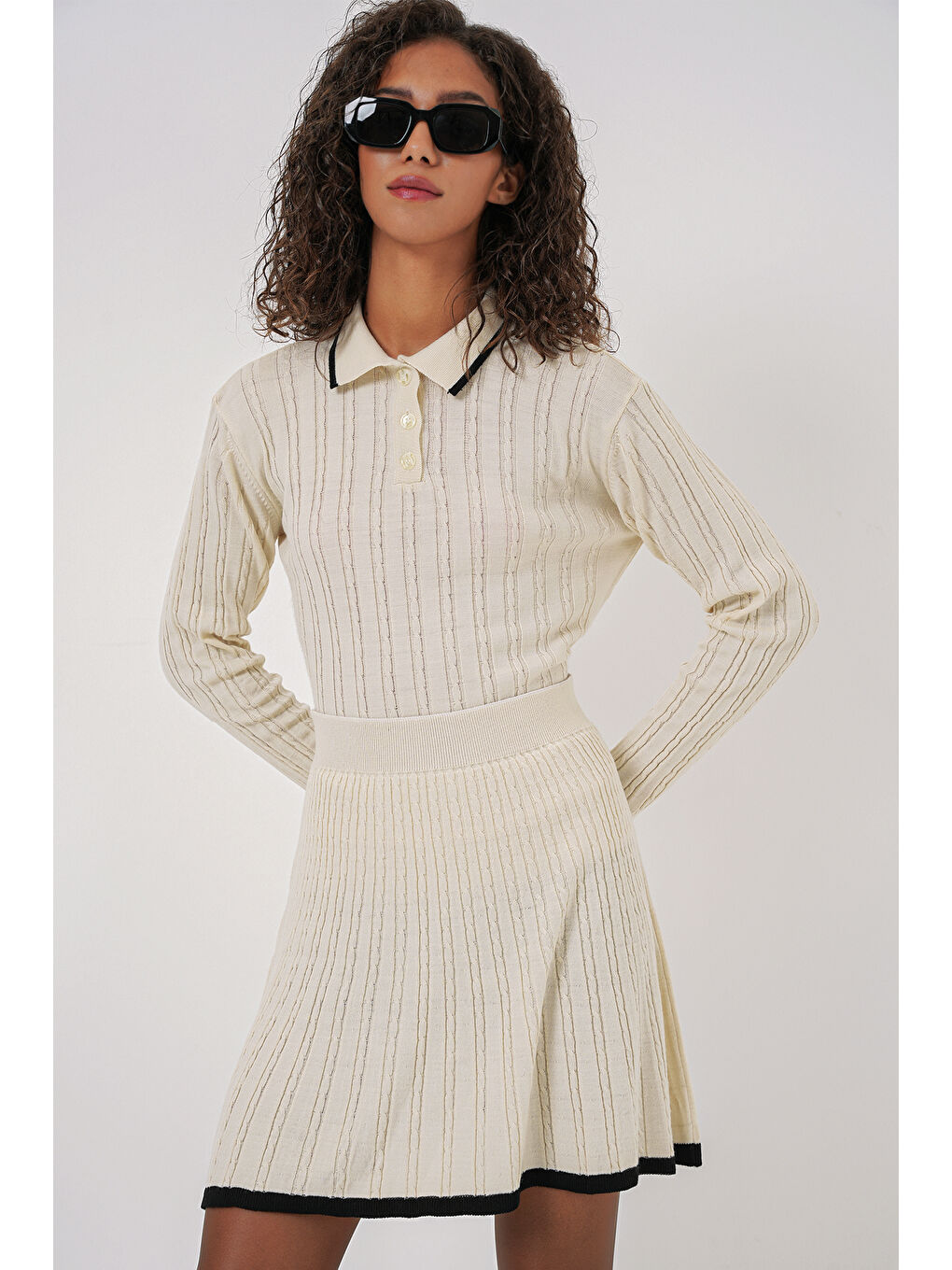 Ekru 15907 Kadın Polo Yaka Kazak Etek Triko İkili Takım - Krem-2