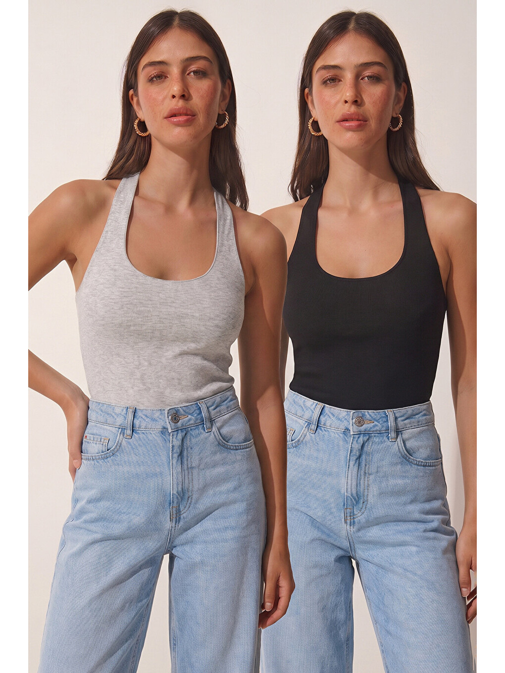 Siyah 2’li Paket Halter Yaka Basic Örme Bluz SİYAH GRİ MELANJ LDZ0078
