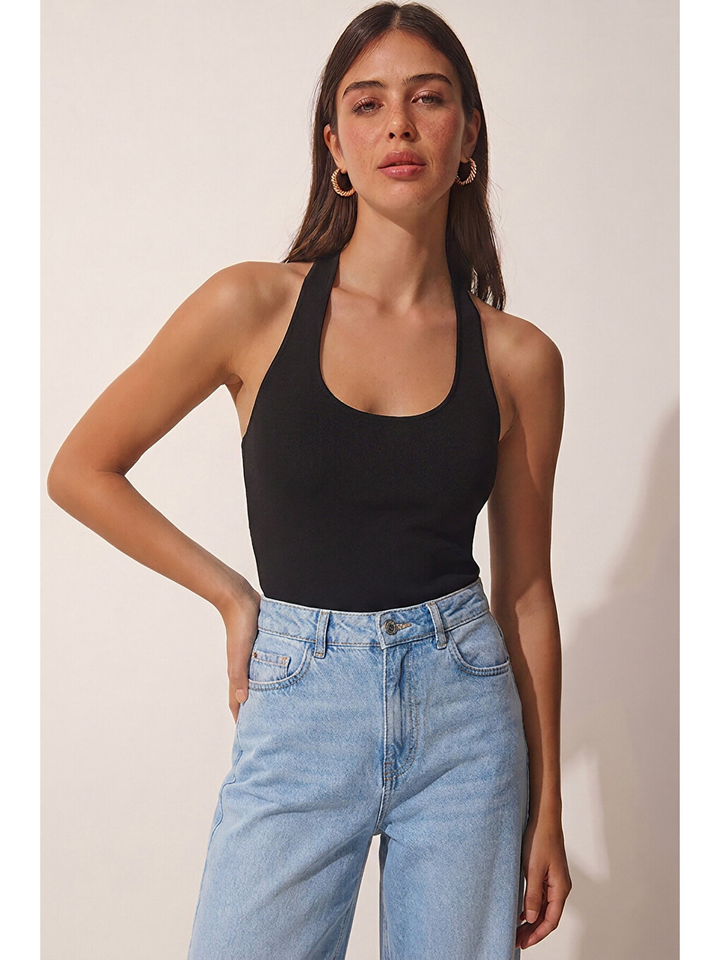Siyah 2’li Paket Halter Yaka Basic Örme Bluz SİYAH GRİ MELANJ LDZ0078-1