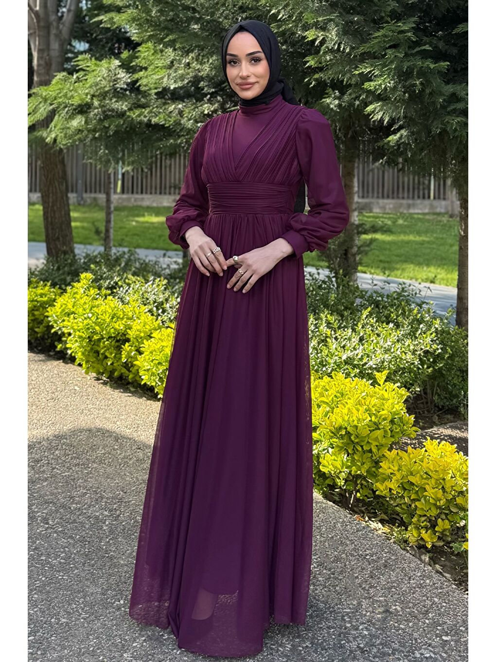 Mürdüm Kadın Piliseli Bel Kuşak Detaylı Tüllü Tesettür Abiye-3