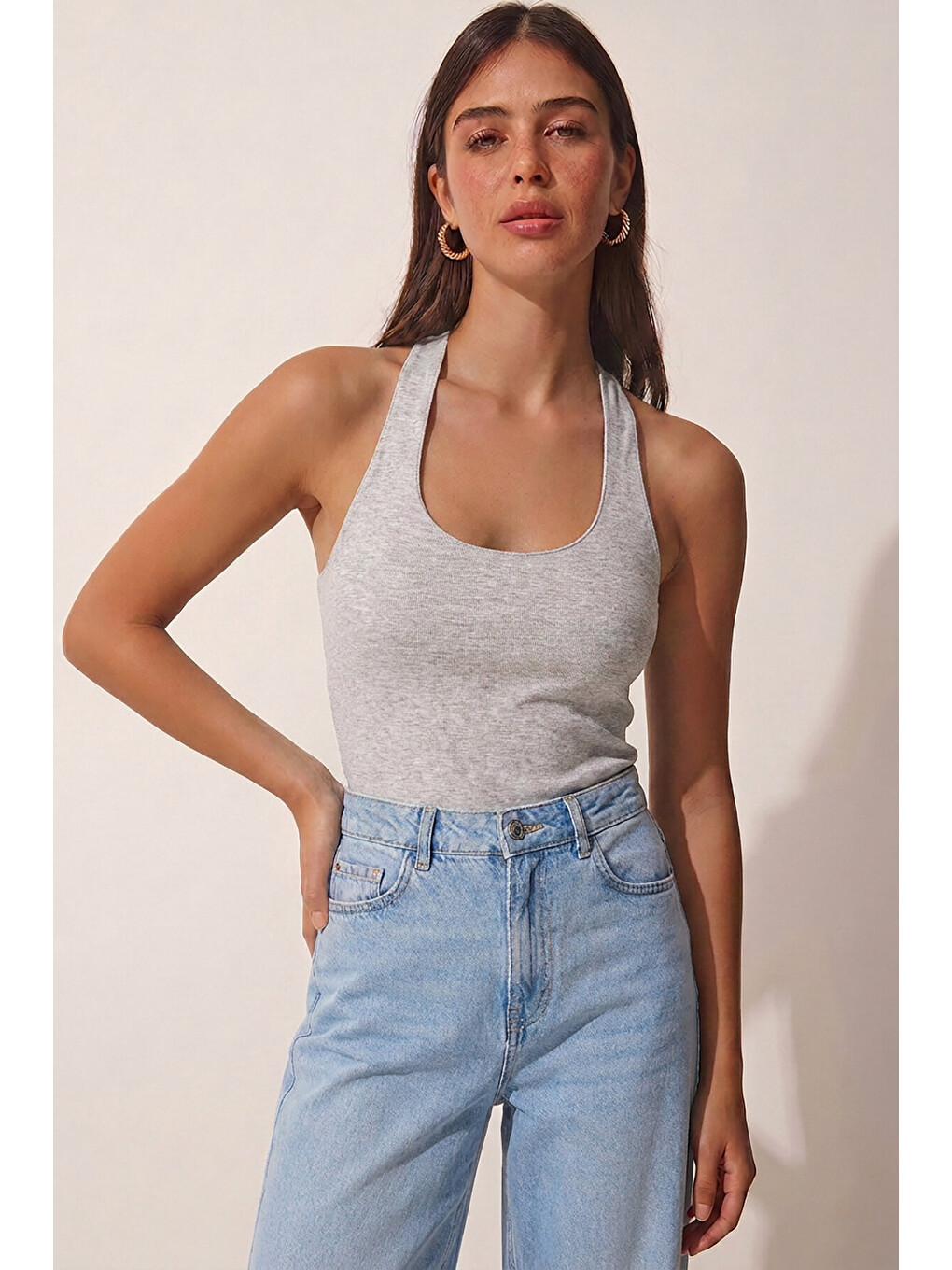 Siyah 2’li Paket Halter Yaka Basic Örme Bluz SİYAH GRİ MELANJ LDZ0078-2