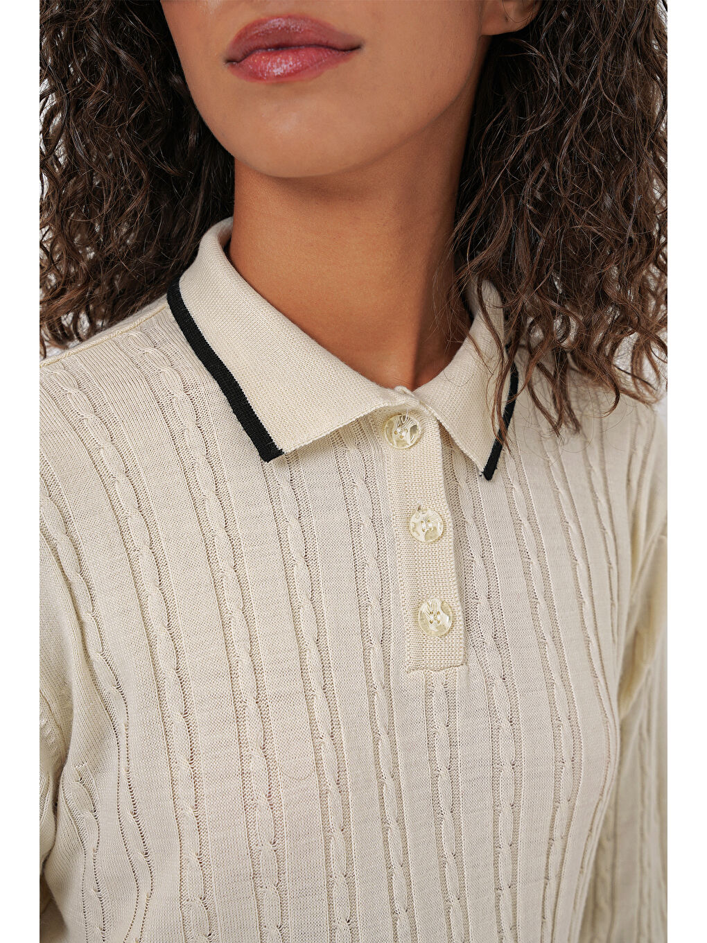 Ekru 15907 Kadın Polo Yaka Kazak Etek Triko İkili Takım - Krem-3