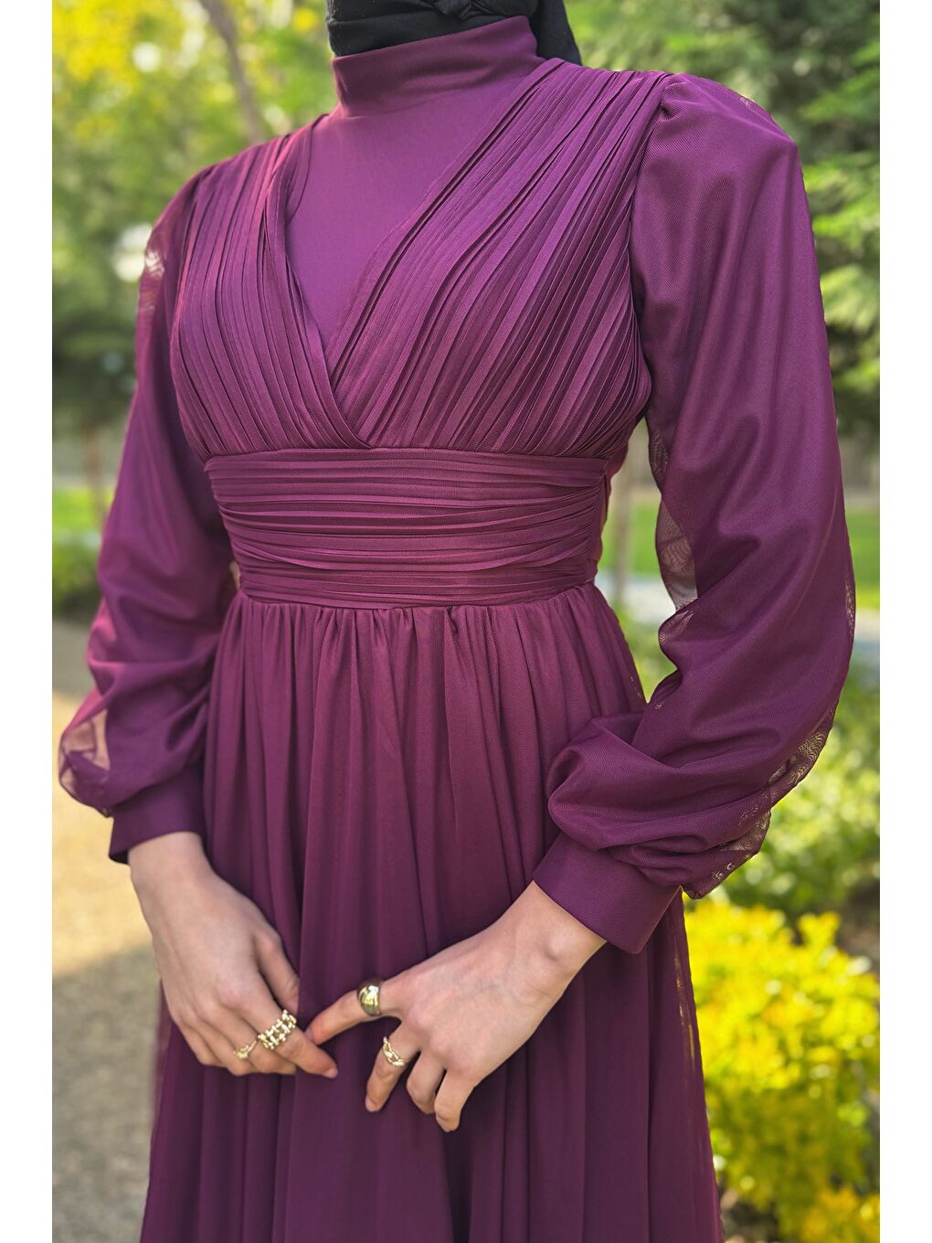 Mürdüm Kadın Piliseli Bel Kuşak Detaylı Tüllü Tesettür Abiye-5