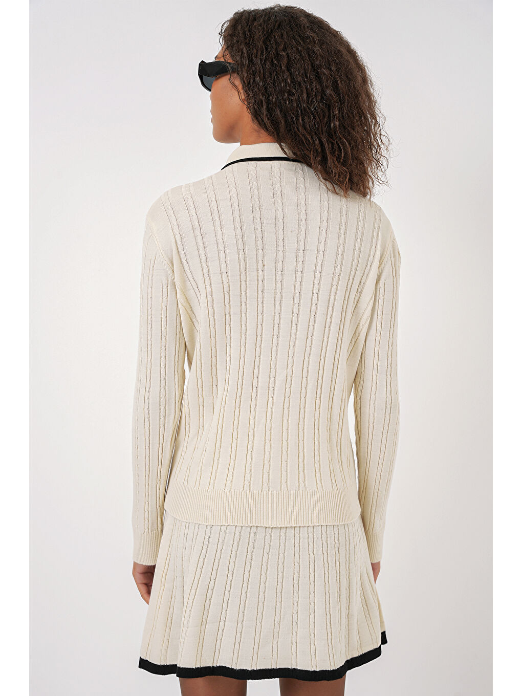 Ekru 15907 Kadın Polo Yaka Kazak Etek Triko İkili Takım - Krem-4