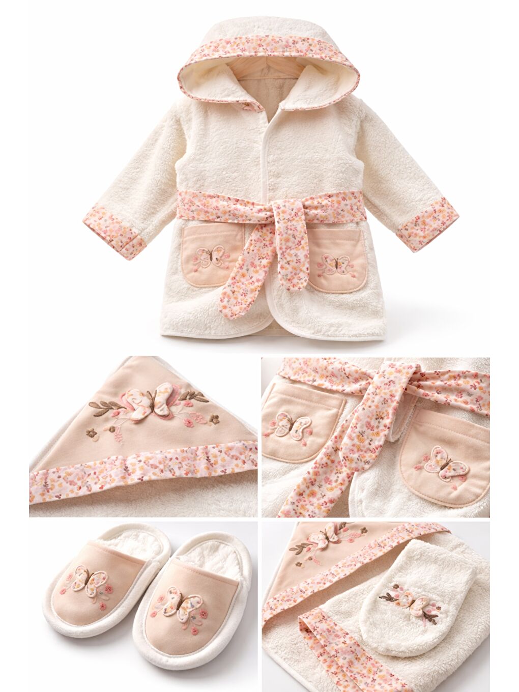 Bej Kız Bebek 4lü Kutulu Lüx Hediyelik Bornoz Havlu Seti Takımı 0-24ay Pamuklu-1