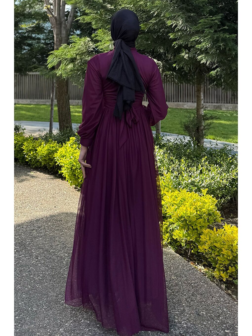 Mürdüm Kadın Piliseli Bel Kuşak Detaylı Tüllü Tesettür Abiye-7