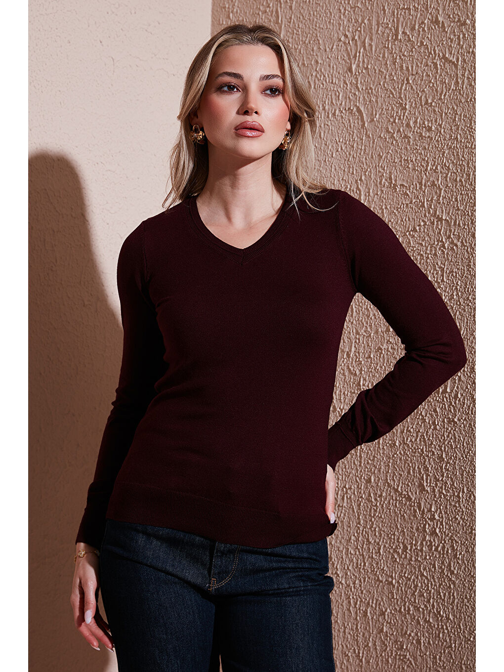 Bordo Regular Fit V Yaka Kadın Kazak 25K0778K1-1