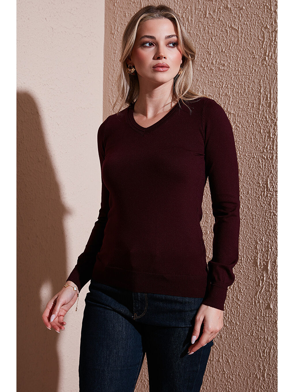 Bordo Regular Fit V Yaka Kadın Kazak 25K0778K1-3