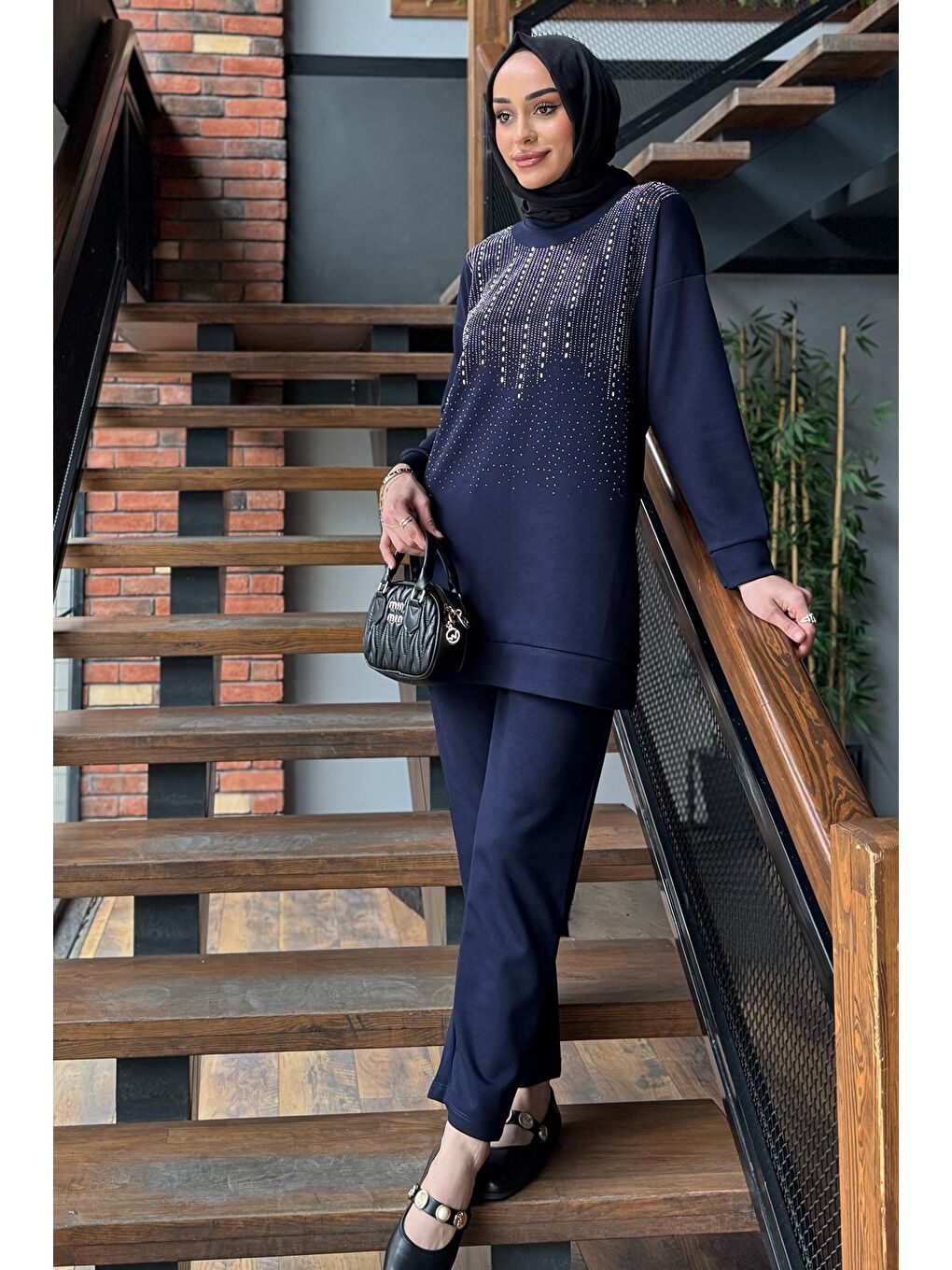 Lacivert Büyük Beden Taşlı Tesettür Tunik Pantolon İkili Takım-3