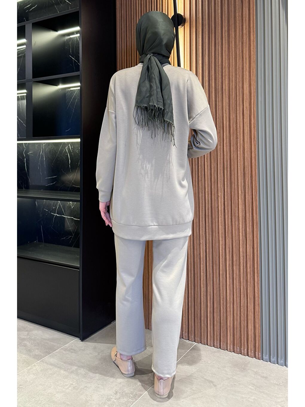 Bej Bisiklet Yaka Ön Taşlı Büyük Beden Tesettür Tunik Pantolon İkili Takım-6