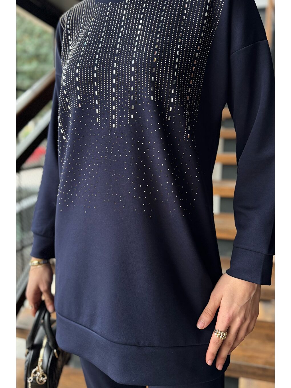 Lacivert Büyük Beden Taşlı Tesettür Tunik Pantolon İkili Takım-4