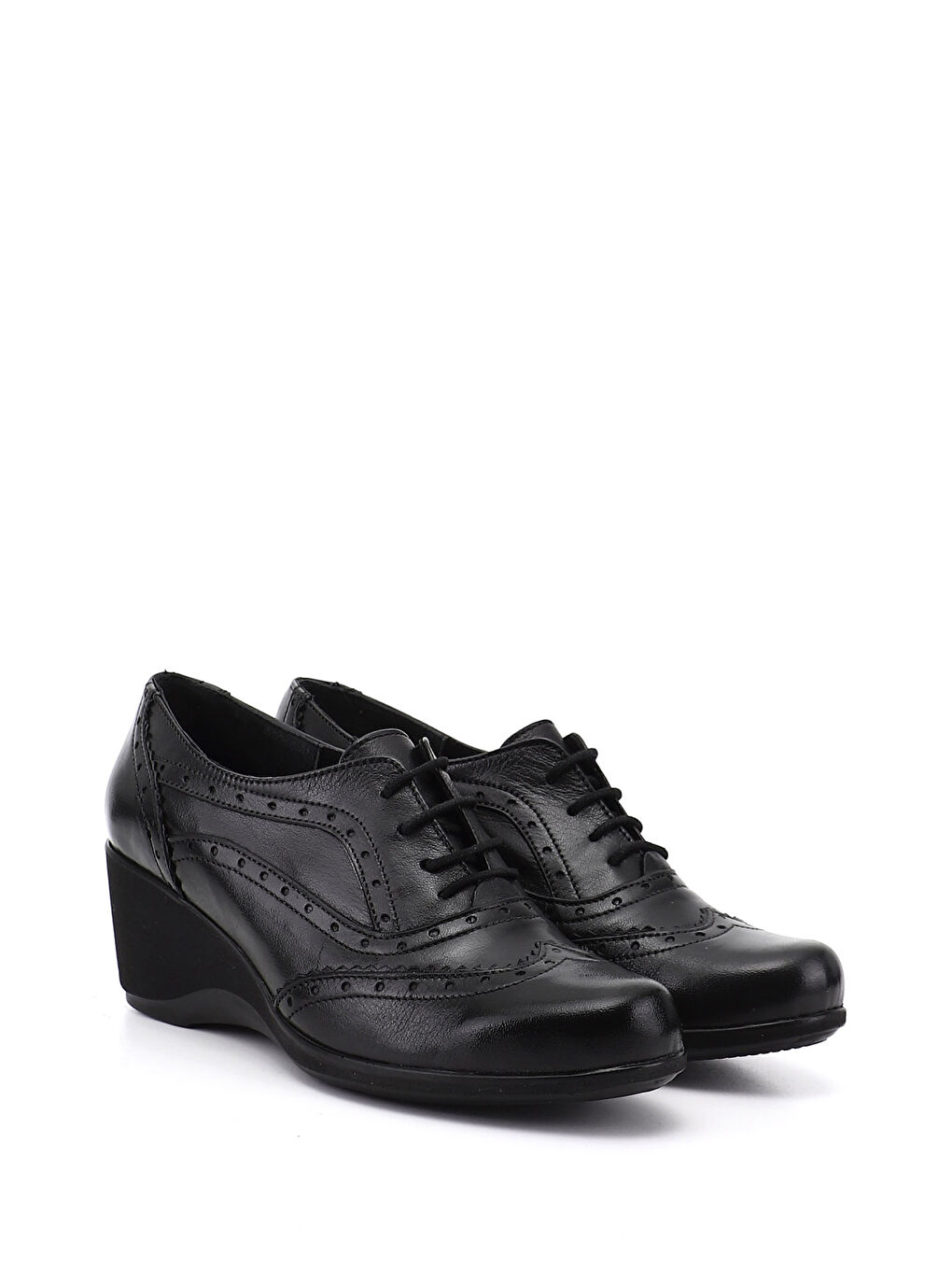 Siyah Kadın SİYAH Bağcıklı Dolgu Taban Hakiki Deri Ayakkabı-1