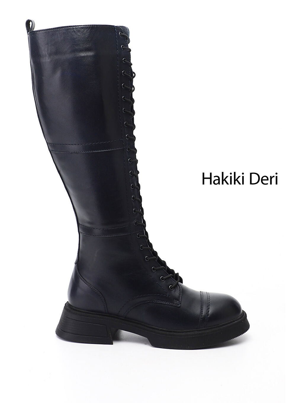 Lacivert Kadın AÇIK LACİVERT Fermuarlı Kalın Topuklu Hakiki Deri Postal Çizme