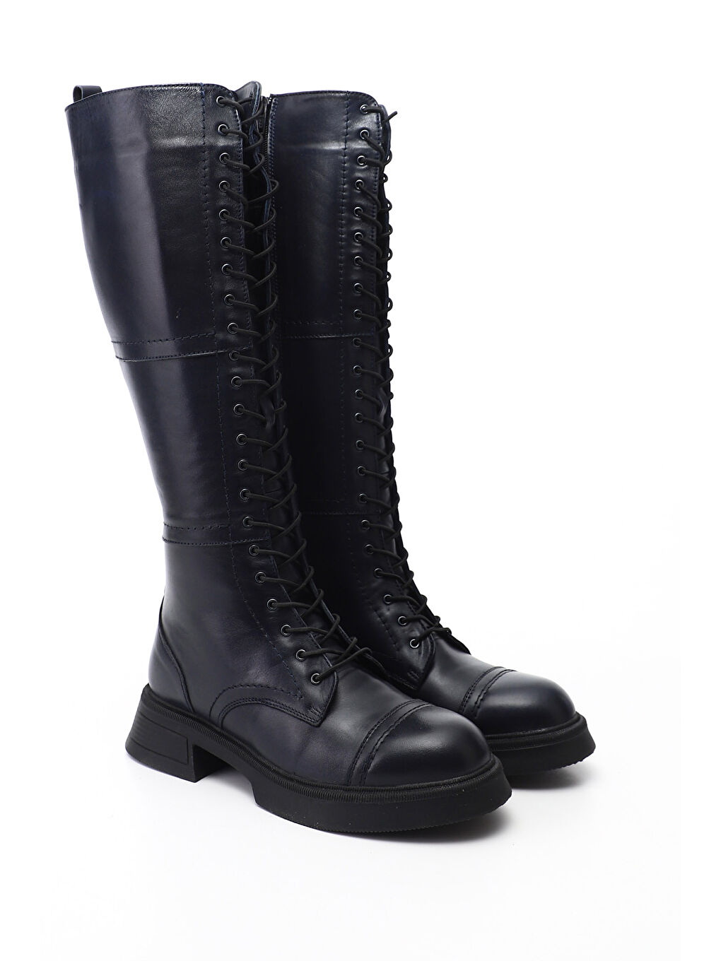 Lacivert Kadın AÇIK LACİVERT Fermuarlı Kalın Topuklu Hakiki Deri Postal Çizme-1