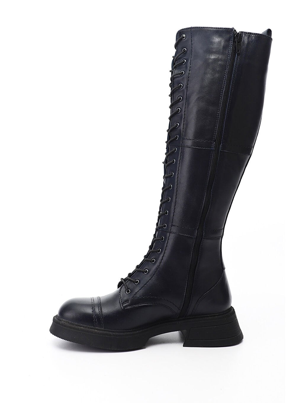 Lacivert Kadın AÇIK LACİVERT Fermuarlı Kalın Topuklu Hakiki Deri Postal Çizme-2