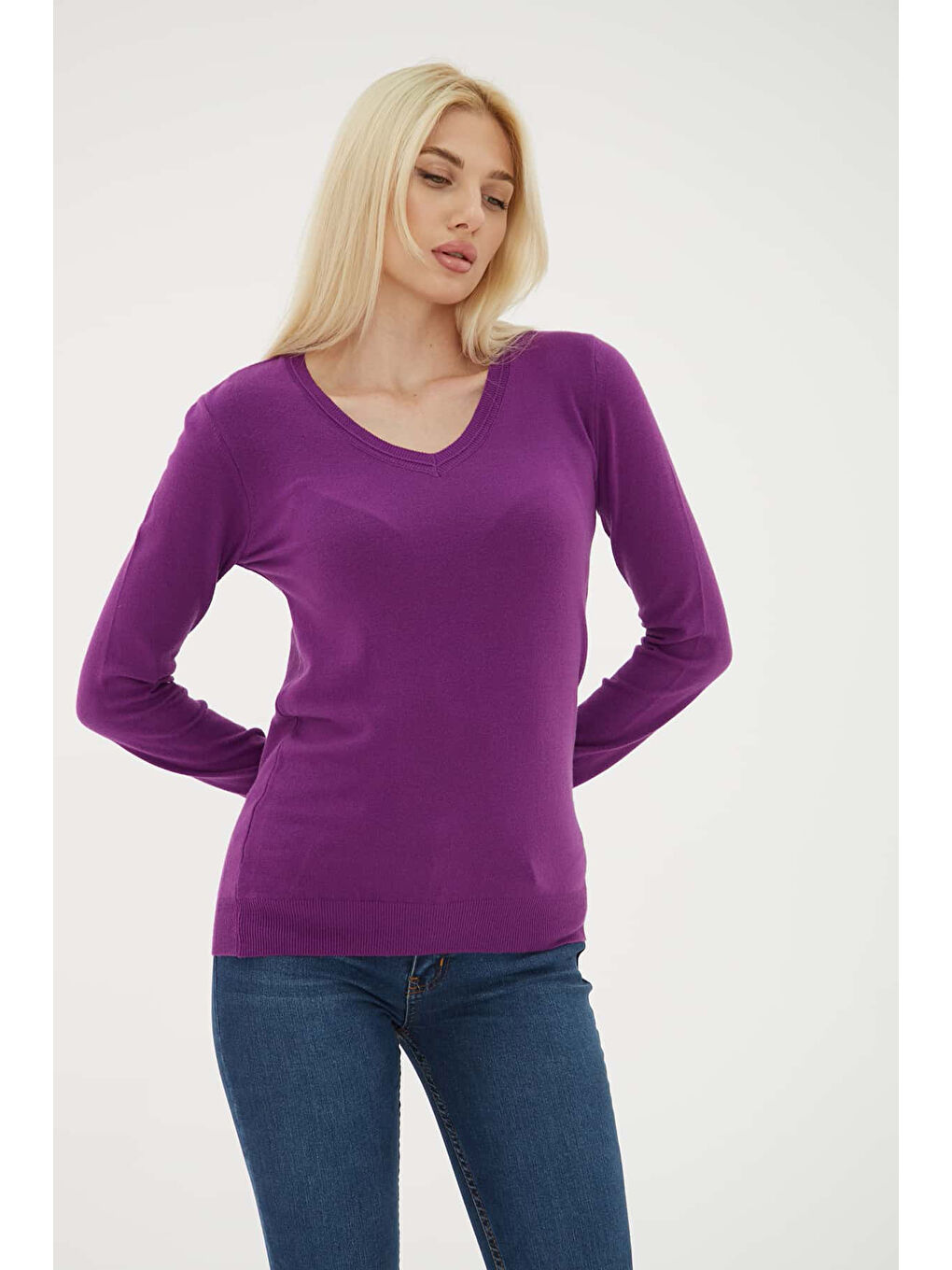 Mor Regular Fit V Yaka Kadın Kazak 25K0778K1-1