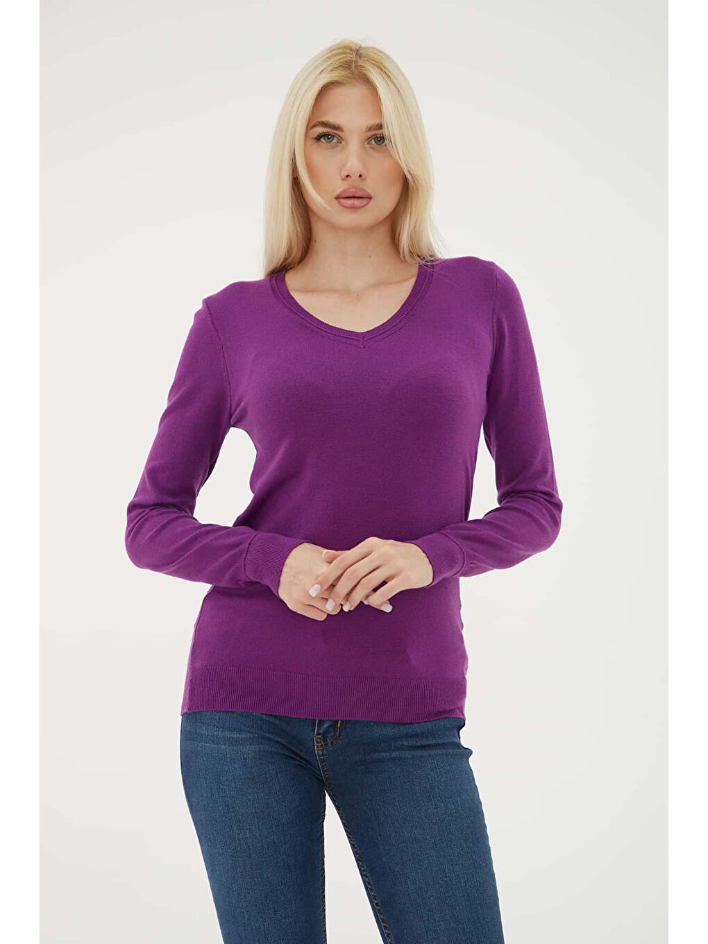 Mor Regular Fit V Yaka Kadın Kazak 25K0778K1-2