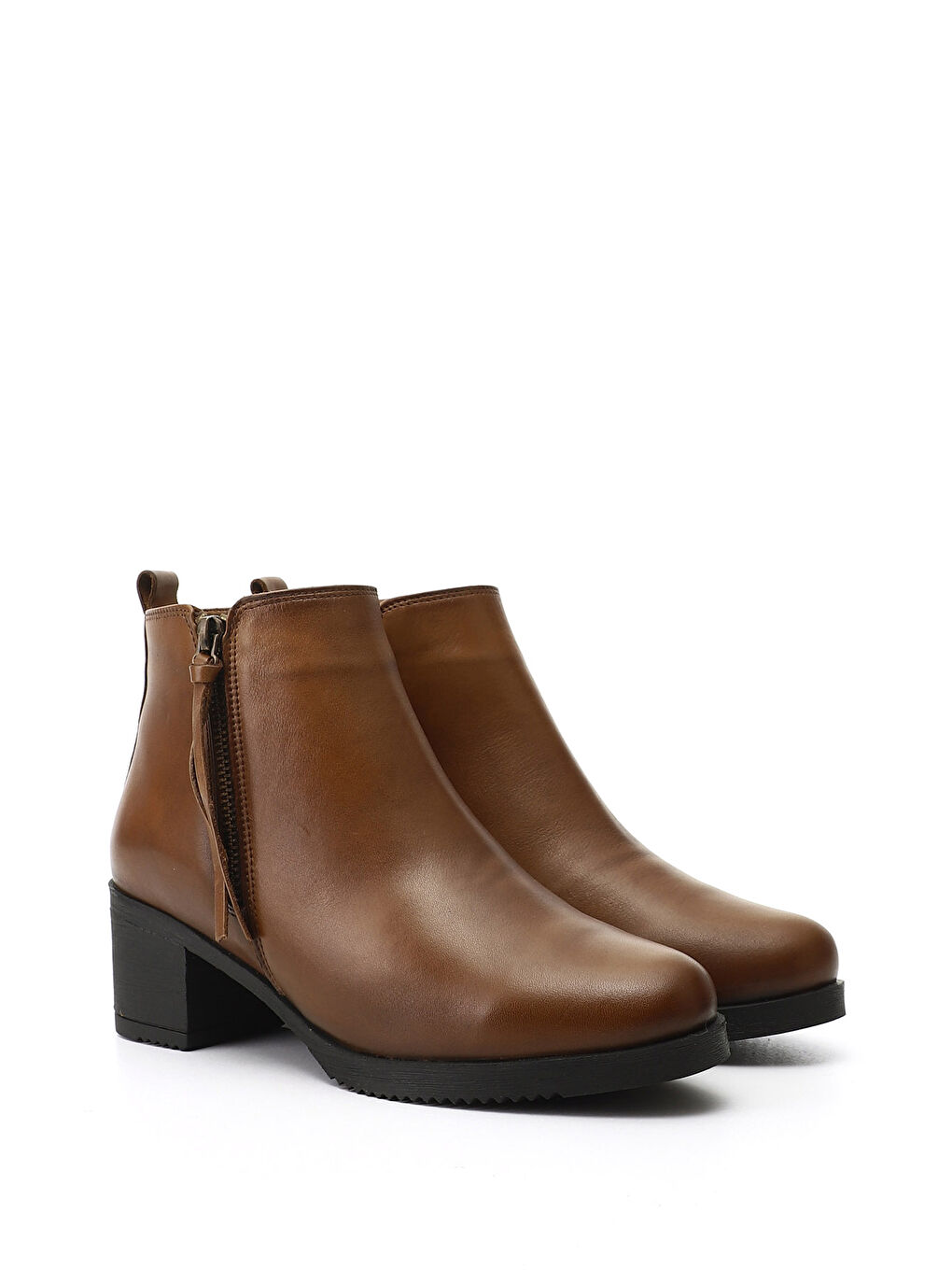 Kahverengi Kadın KAHVERENGİ-TABA Çift Fermuarlı Kalın Topuklu Hakiki Deri Bot-1