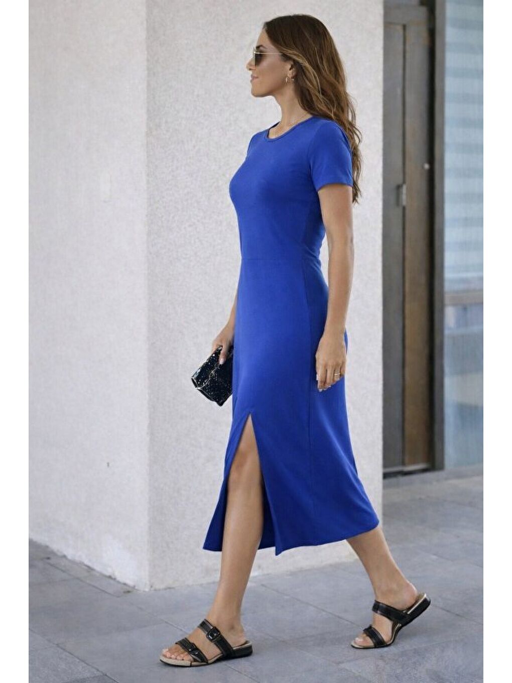 Mavi Kadın Kısa Kollu Bisiklet Yaka Yandan Yırtmaçlı Midi Viskon Elbise-1