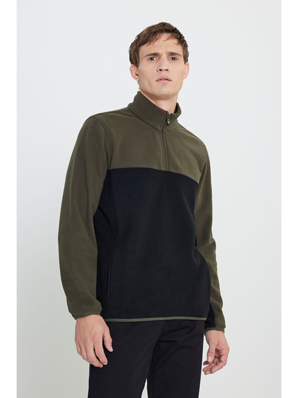 Erkek Haki-Siyah Standart Fit Dik Yaka İçi Polarlı Çift Renk Polar Sweatshirt
