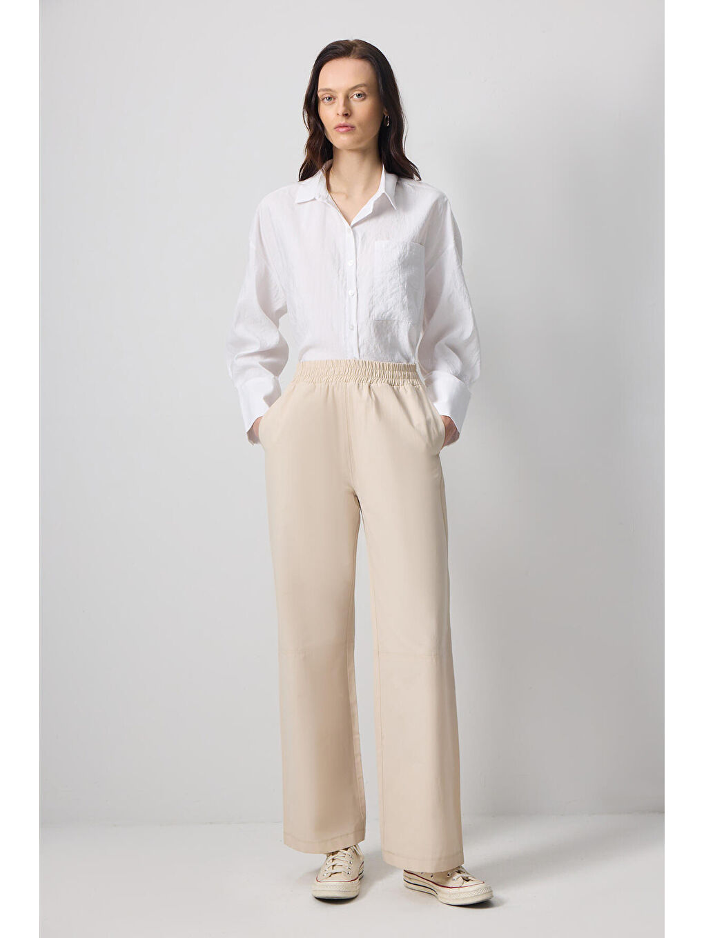 Ekru Beli Lastikli Bol Paça Pantolon