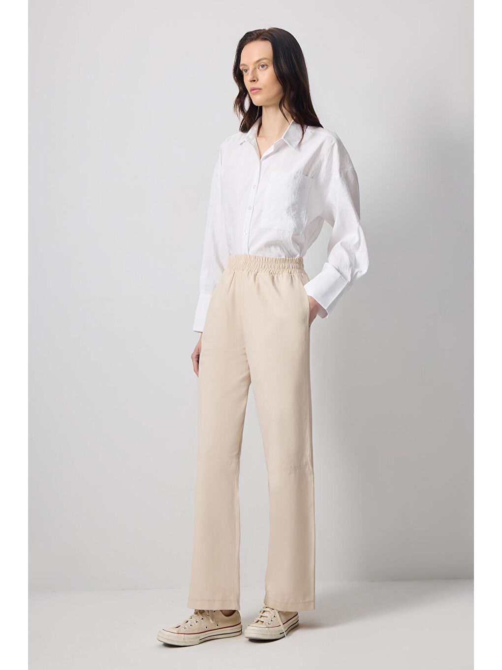 Ekru Beli Lastikli Bol Paça Pantolon-1