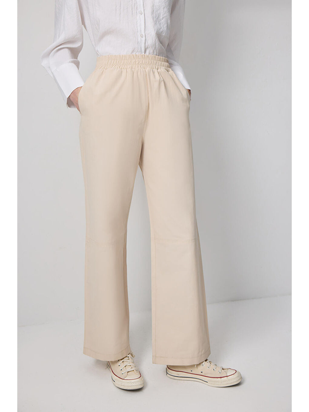 Ekru Beli Lastikli Bol Paça Pantolon-2