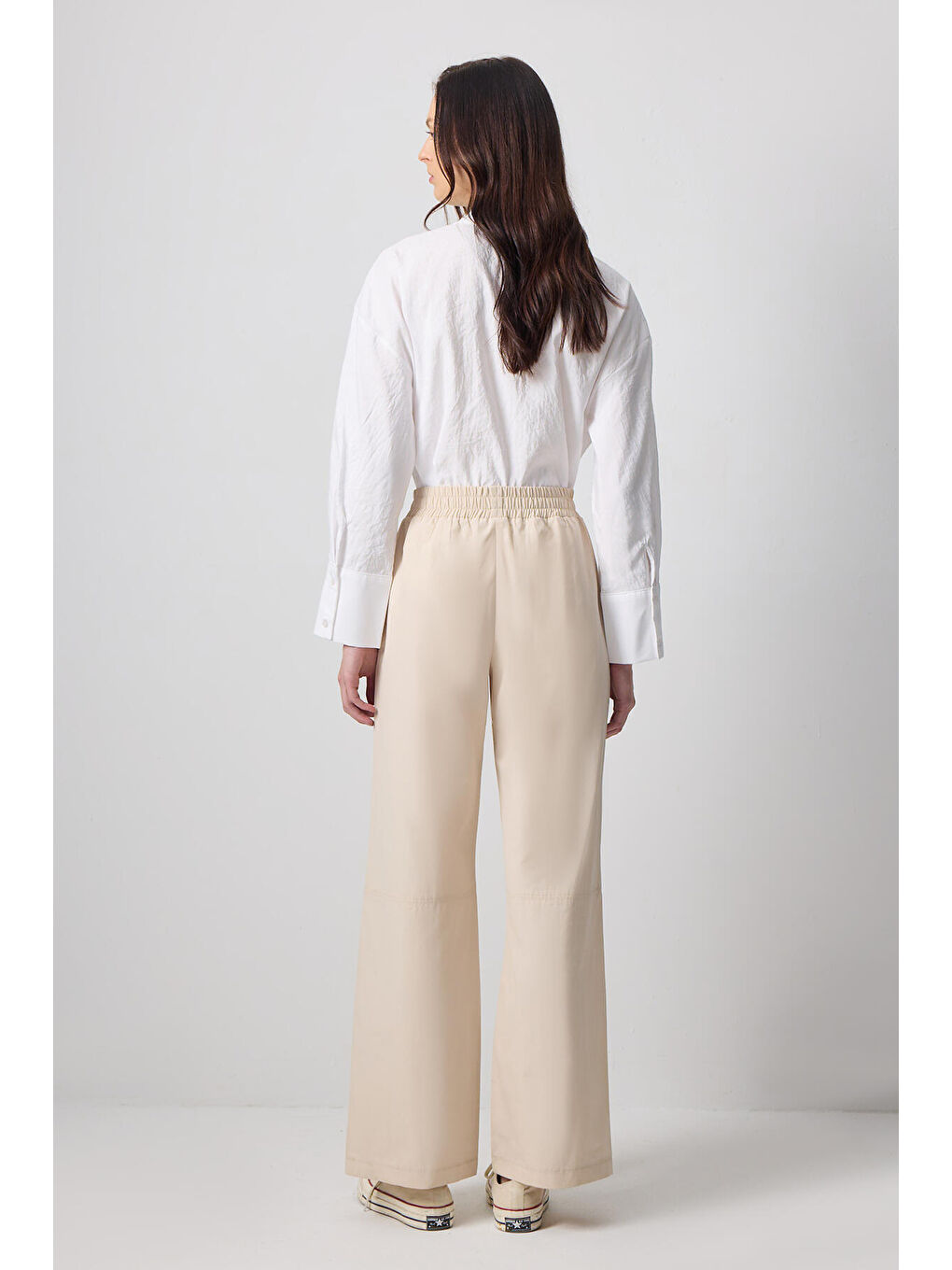 Ekru Beli Lastikli Bol Paça Pantolon-3