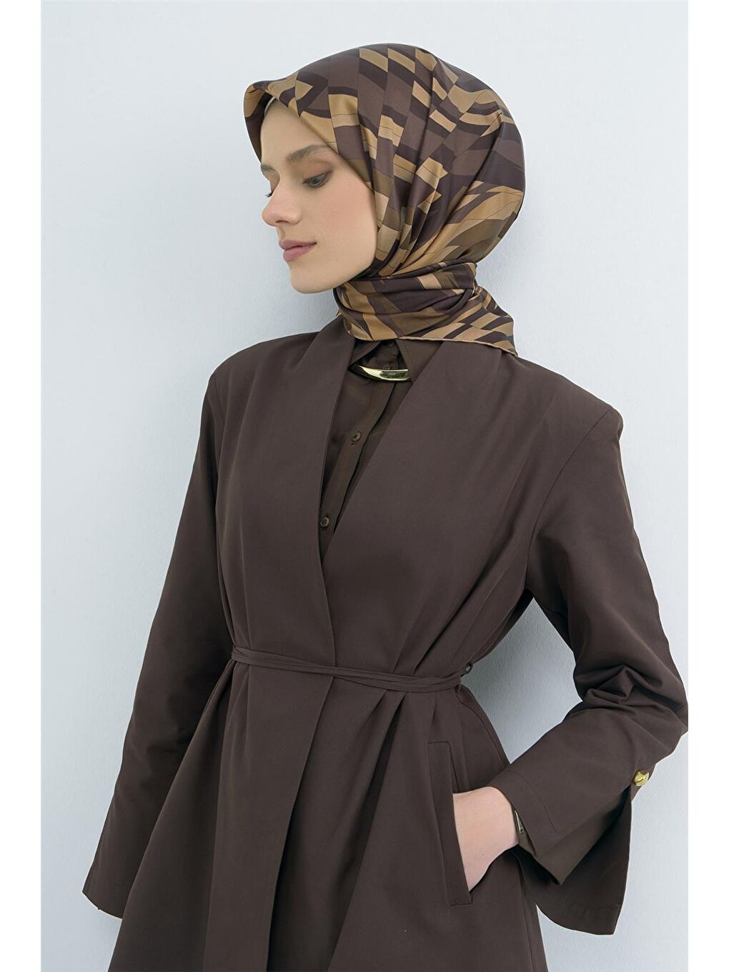 Kahverengi Saf İpek Twill Eşarp 9507D 02-1