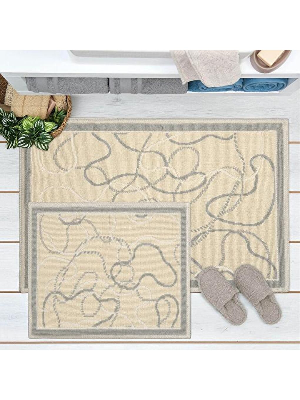 Evidea Soft Vonal 2'li Banyo Paspası - Bej - 60x100 cm + 50x60 cm