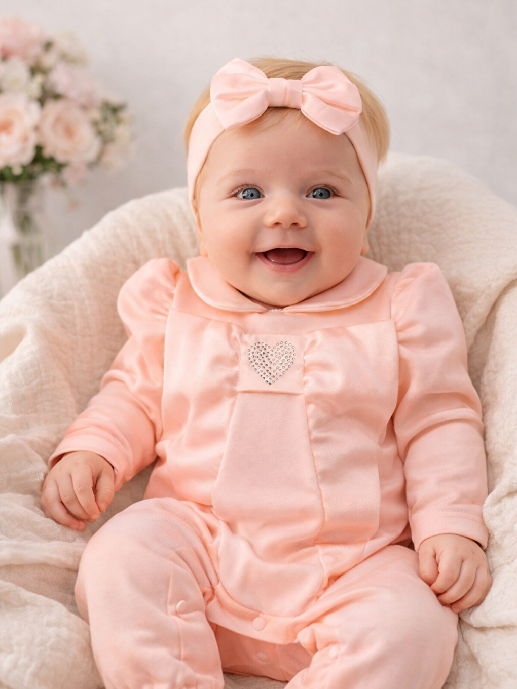 Pembe Kız Bebek Bayramlık Özel Tulum Kalpli Pamuklu Saç Tokalı 2li Tulum Seti-1