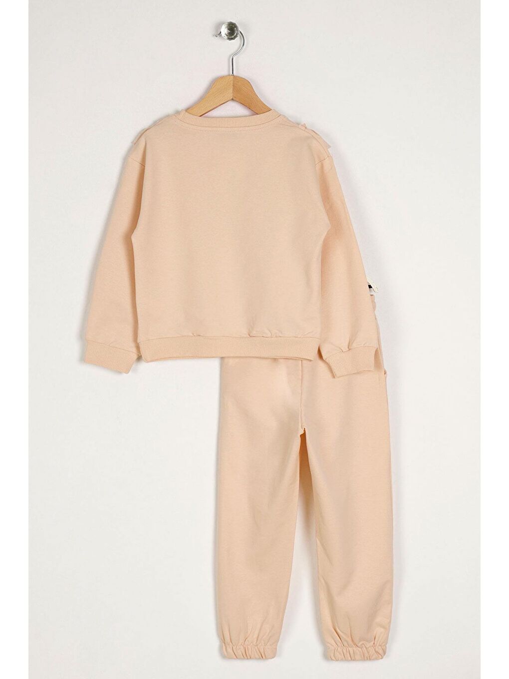 Bisiklet Yaka Uzun Kol Fırfır Detaylı Bej Renk Kız Çocuk İkili Takım-1